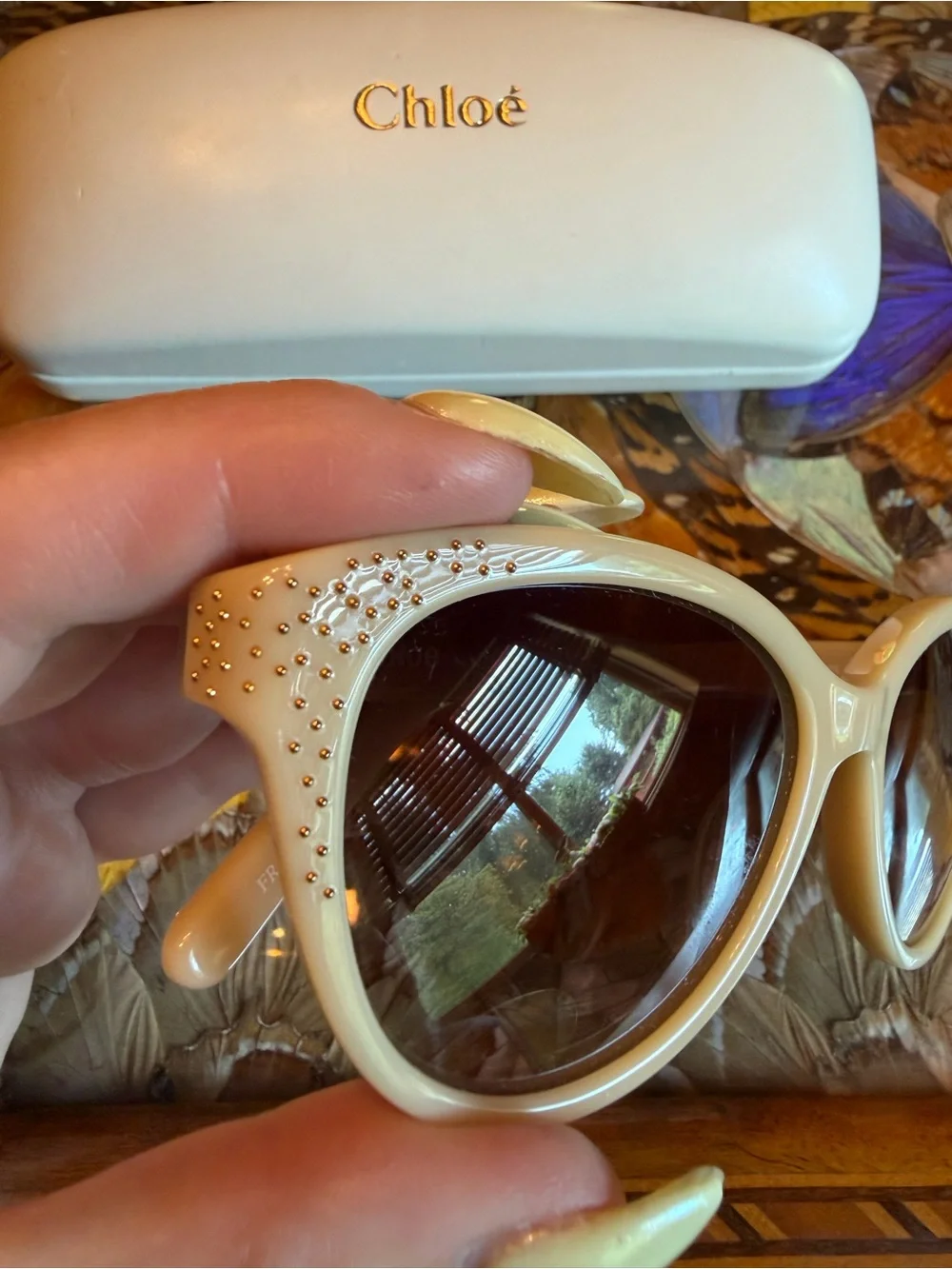 Chloé Cream Taupe Polarized Cat-Eye Sunglasses Crystals Pristine Condition